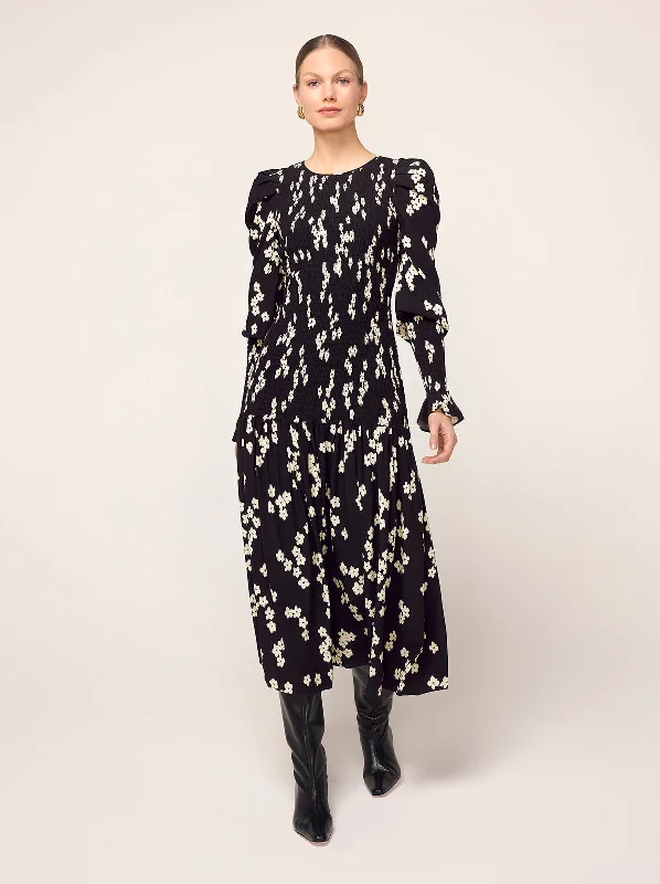 Price Meltdown Wren Black Blurred Floral Shirred Midi Dress