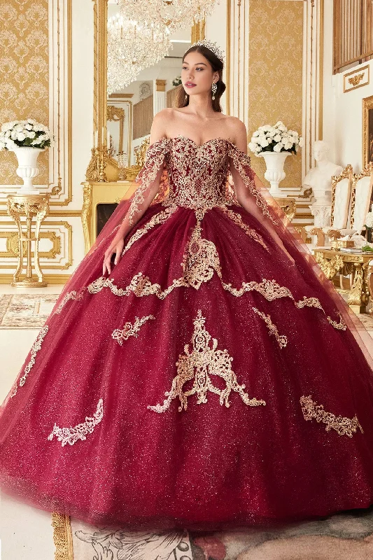 Final Clearance Layered Gold Lace Ball Gown Princess Dress Quinceanera Dress Floor Length with Crystals Appliques