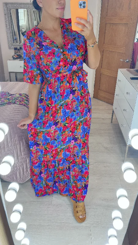 Hurry In Devina Blue Floral Print Wrap Front Dress