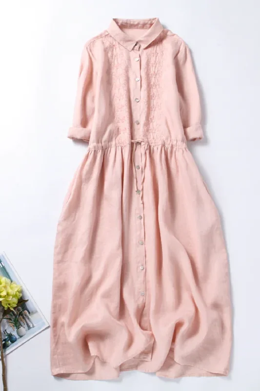 Quick Sale Summer Embroidery Shirt Dress Casual Loose Cotton Polo Neck Dresses for Women Ladies Cardigan Dress