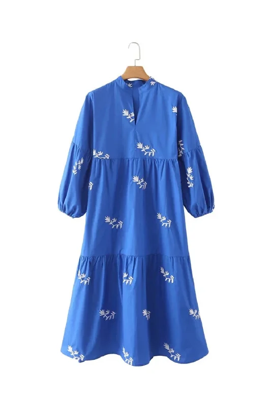 Now or Never Women Floral Embroidery Casual Pleats Blue Midi Dress Female