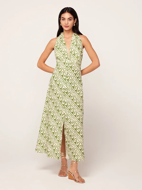 Deep Discounts Claudia Green Wave Print Midi Dress