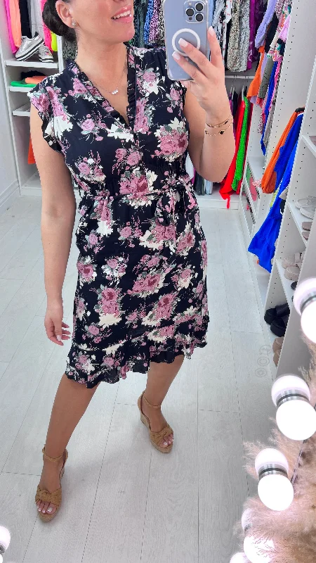 Midnight Madness Orietta Navy Rose Print Ruffle Trim Dress