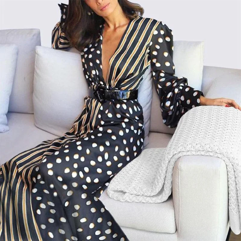 Don't Wait Women's Casual V-Neck Chiffon Half-Sleeved Long Dress