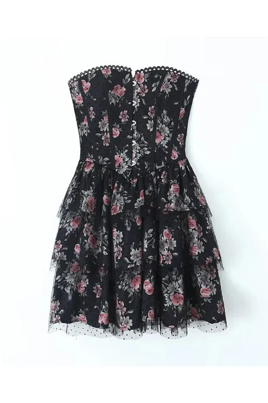 Price Break Women Sexy Off Shoulder Floral Mesh Strapless Mini Dress Party