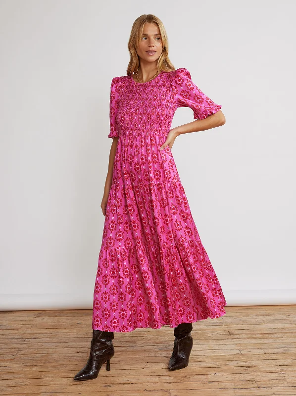 Special Discount Gracie Pink Heart Print Shirred Dress