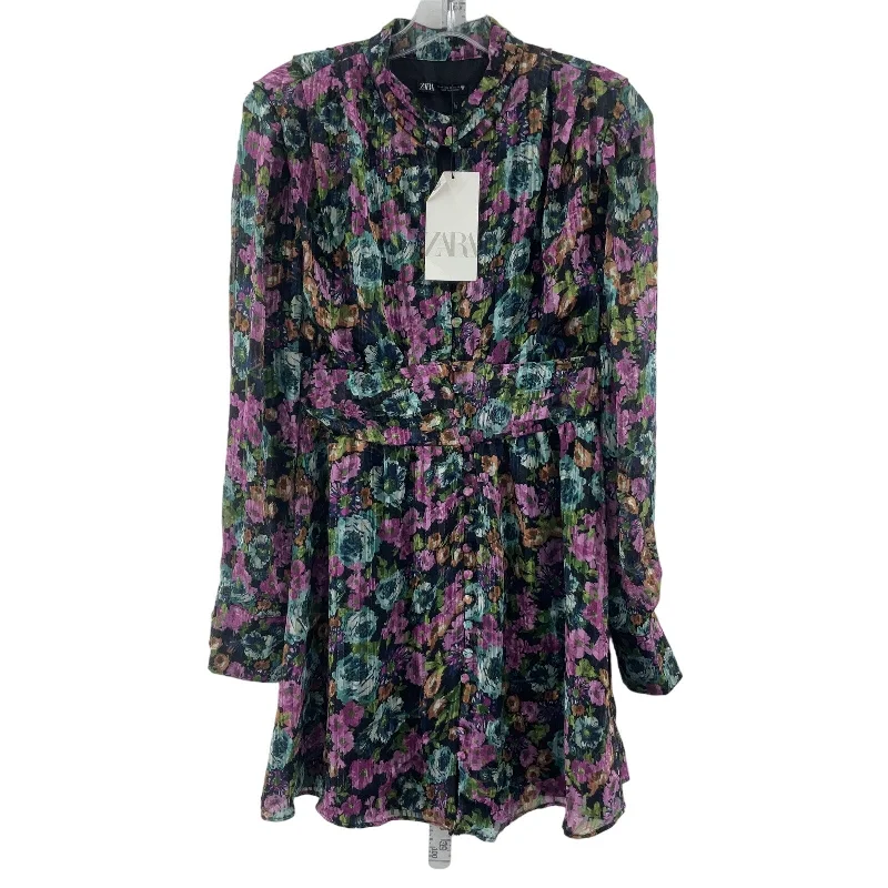 Bonus Savings Zara Black Pink Floral Women's Midi Dress XS Fit & Flare Blouson NWT