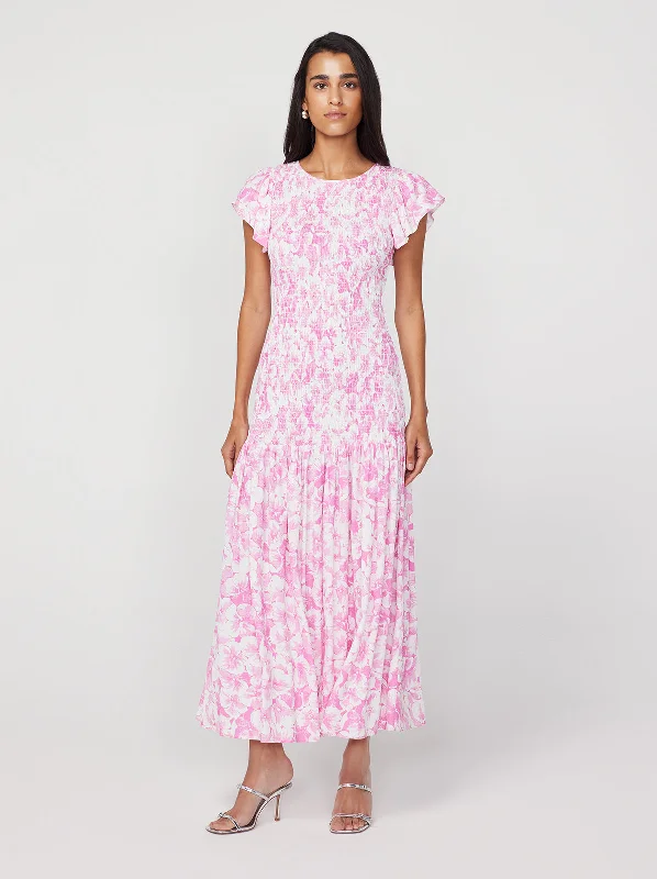 Markdown Madness Jemima Pink Pansy Print Shirred Maxi Dress