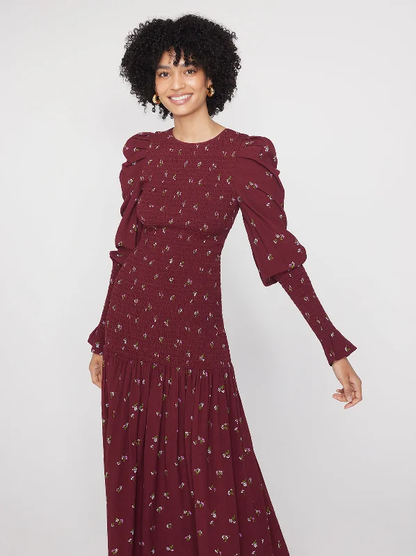 Massive Deals Wren Berry Ditsy Floral Shirred Midi Dress
