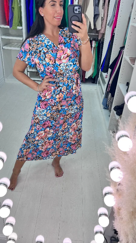 Major Savings Bellissi Blue Wrap Effect Bold Floral Dress