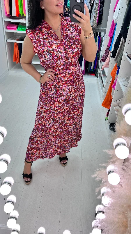 Savings Spectacular Rawiya Floral Print Frill Sleeve Button Tie Waist Summer Dress