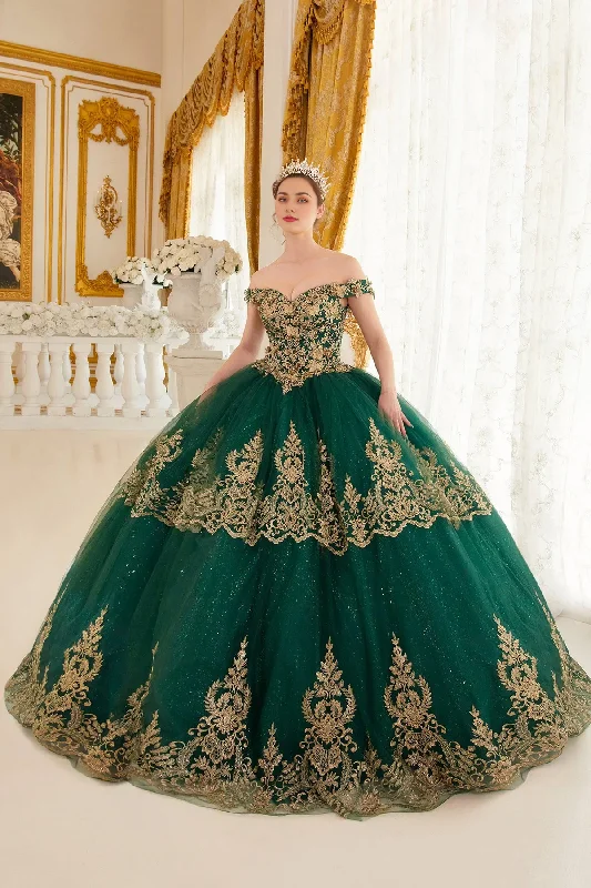 Deal Zone Emerald Gold Layered Lace Quince Ball Gown Princess Dress Floor Length Sleeveless Off Shoulder with Gold Appliques