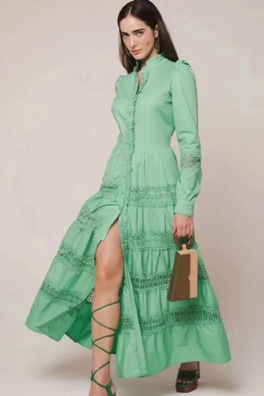 Anniversary Sale Women Single Ruches Lace Patchwork Midi Long Dress with Sashes Lady Elegant Office Dresses