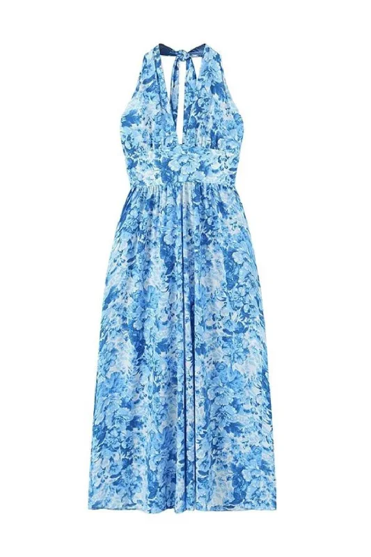 Lowest Price Women Backless Halter Blue Floral Midi Dresses Sleeveless Female Holiday Summer Dresses Lowest Price Women Backless Halter Blue Floral Midi Dresses Sleeveless Female Holiday Summer Dresses