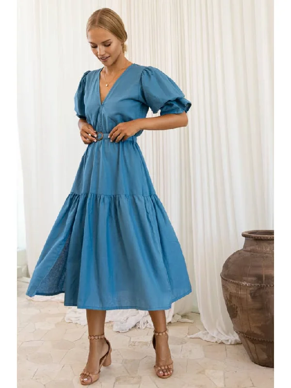 Deal Alert Peony Linen Midi Dress - Persian Blue