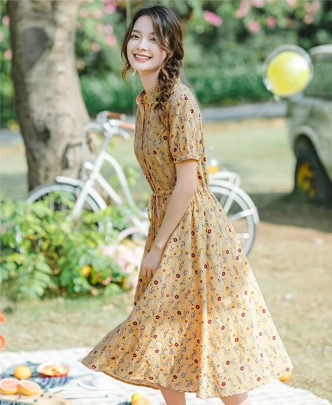 Members Only Women's Summer Turn Down Collar Floral A-Line Dress