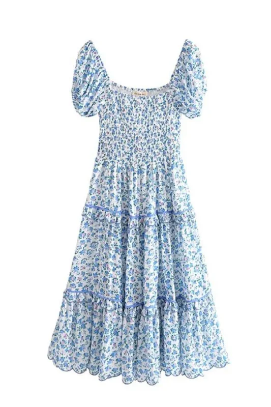 Exclusive Preview Retro French Style Women White Blue Flower Holiday Dress
