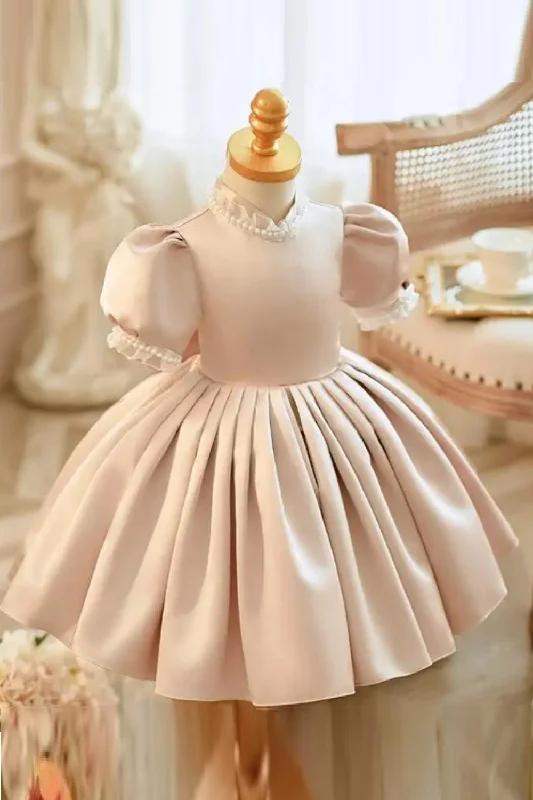 Now or Never Children's Princess Ball Gown Bow Pearls Puff Sleeve Design Wedding Birthday Baptism Party Girls Dresses