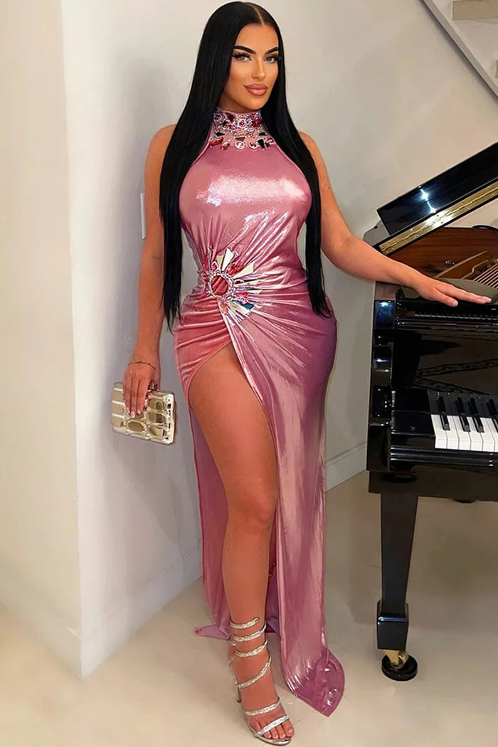 Special Savings Metallic Crystal Mock Neck Sleeveless Ruched Split Evening Maxi Dress