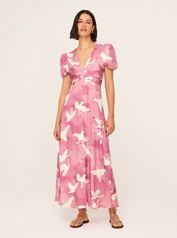 Best Deals Bernice Pink Swans Print Midi Dress