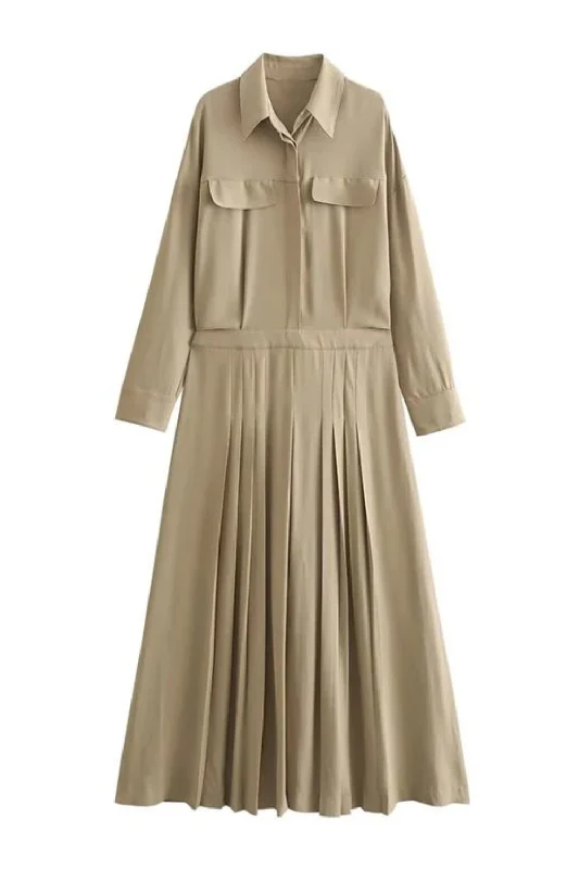 Price Rollback Woman's Spring Long Dress Solid Single Breasted Female Casual Pleated Dress
