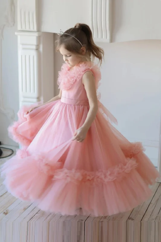 Deep Discounts Elegant Girls Big Bow Dresses Fluffy Pink Tulle Birthday Ceremony Prom Girl Clothing Kids Bridemaid Wedding V-Neck Dress