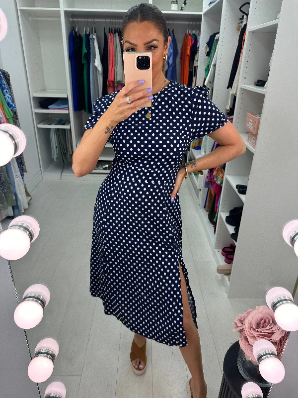 Closeout Sale Gallia Navy Polka Dot Split Shift Dress