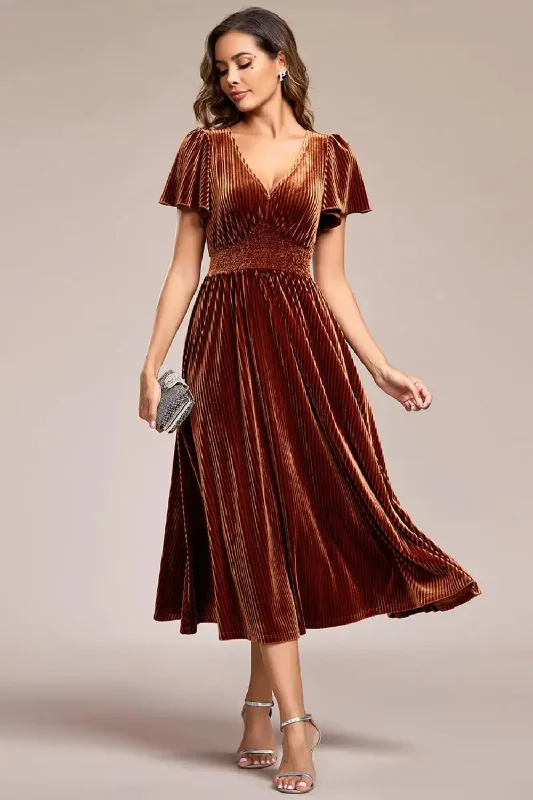 Savings Bonanza Elegant Evening Dresses Tea Length Velvet Wedding Guest Dress