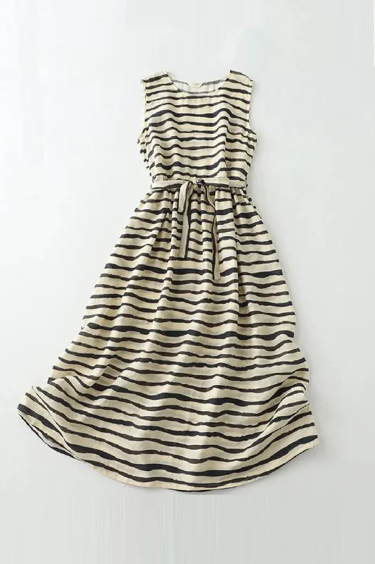 Huge Discounts Summer Zebra Striped Dress Thin Women Sleeveless Dresses French Beach Midi