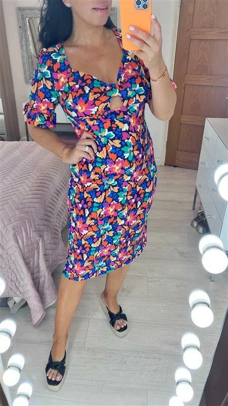 Online Only Caprilana Multi Floral Print Bow Front Dress