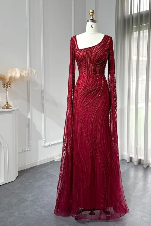 Last Chance Elegant Burgundy Mermaid Evening Dresses with Long Sleeve Luxury Dubai Crystal Women Wedding Formal Party Gown Last Chance Elegant Burgundy Mermaid Evening Dresses with Long Sleeve Luxury Dubai Crystal Women Wedding Formal Party Gown