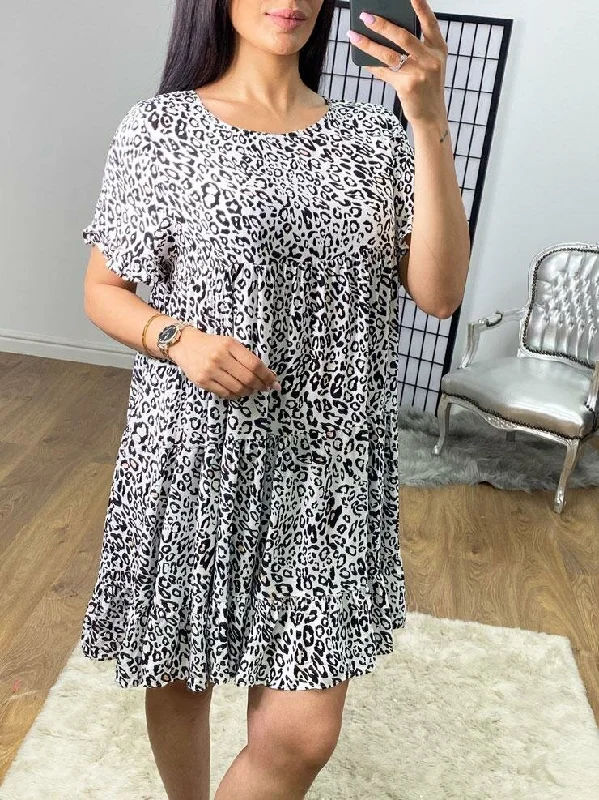 New Markdowns Candisa Leopard Print Frill Sleeve Smock Dress
