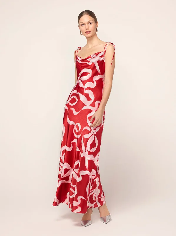 Savings Event Cindy Red Ribbon Print Maxi Dress