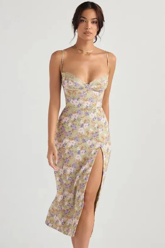 Don't Wait Summer women's clothing, temperament print and lace suspender dress Women's slim high slit party sexy dress