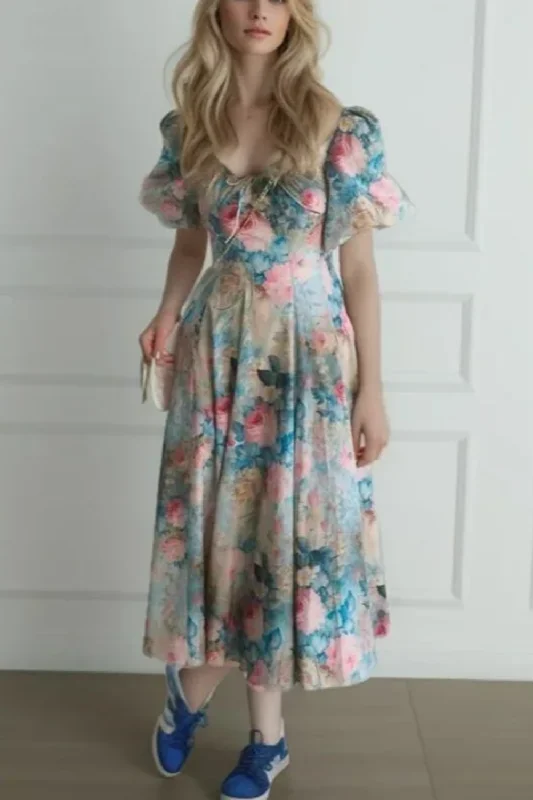 Discount Deals Princess Summer Gradient Flower Swing Midi Dress Puff Sleeve Retro Women Slim Waist Fairy Holiday Discount Deals Princess Summer Gradient Flower Swing Midi Dress Puff Sleeve Retro Women Slim Waist Fairy Holiday