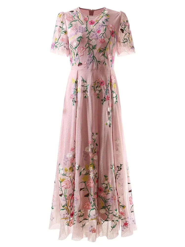 Early Access Women Dress Summer Mesh Flowers Embroidery Pink Elegant Long Party