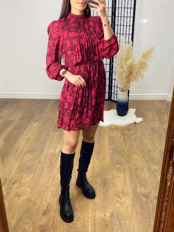 Incredible Offers Monroe Wine Floral Print Pleated Dress