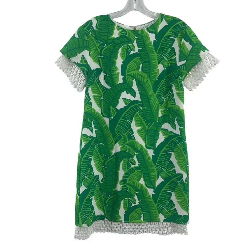 Savings Alert Sail to Sable Green Tropical Leaf Print A-Line Knee Dress Women’s 4 Poly Blend