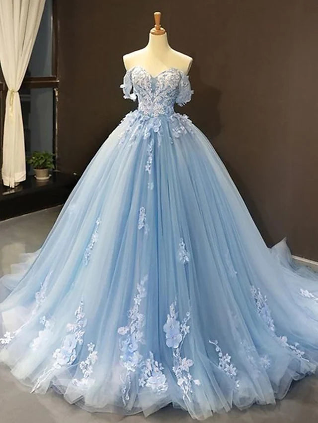 Buy Now Prom Dresses Floral Dress Quinceanera Court Train Short Sleeve Sweetheart Lace with Pleats Appliques