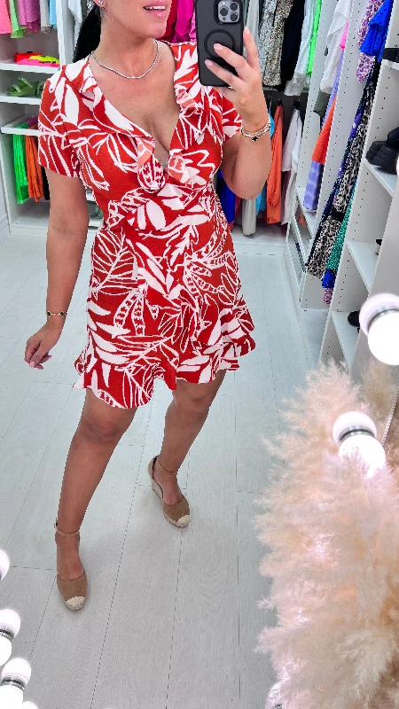 YEAR-End Clearance Greer Rust Abstract Leaf Print Ruffle Dress