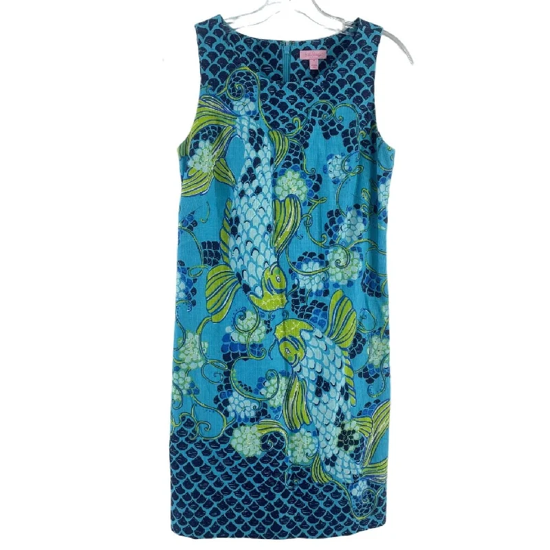 Special Discount Lilly Pulitzer Blue Koi Fish Print Sheath Dress Women’s Size 4 Cotton Blend