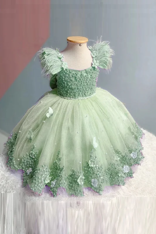New Deals Elegant Applique Flower Girl Dress Wedding Butterfly Feather luxury With Pearls Bow Puffy New Deals Elegant Applique Flower Girl Dress Wedding Butterfly Feather luxury With Pearls Bow Puffy