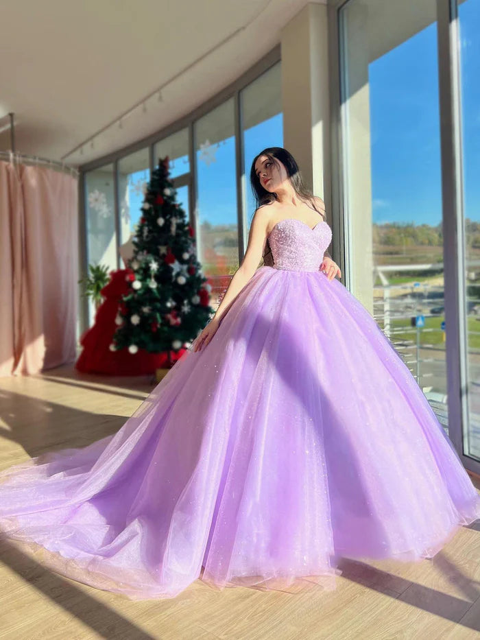Don't Miss Sparkling Lilac Tulle Strapless Ball Gown Beaded Long Prom Quinceanera Dresses