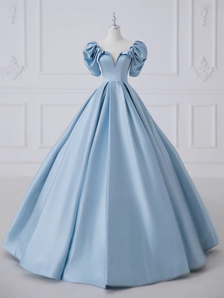 Instant Savings A-Line Princess Satin Blue Long Prom Dress Quinceanera Dress