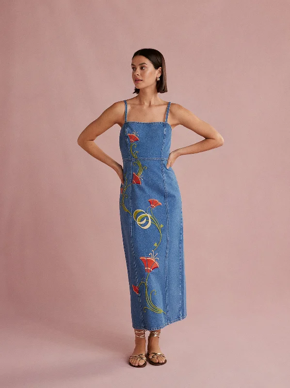 Lowest Price Ursula Embroidered Denim Midi Dress