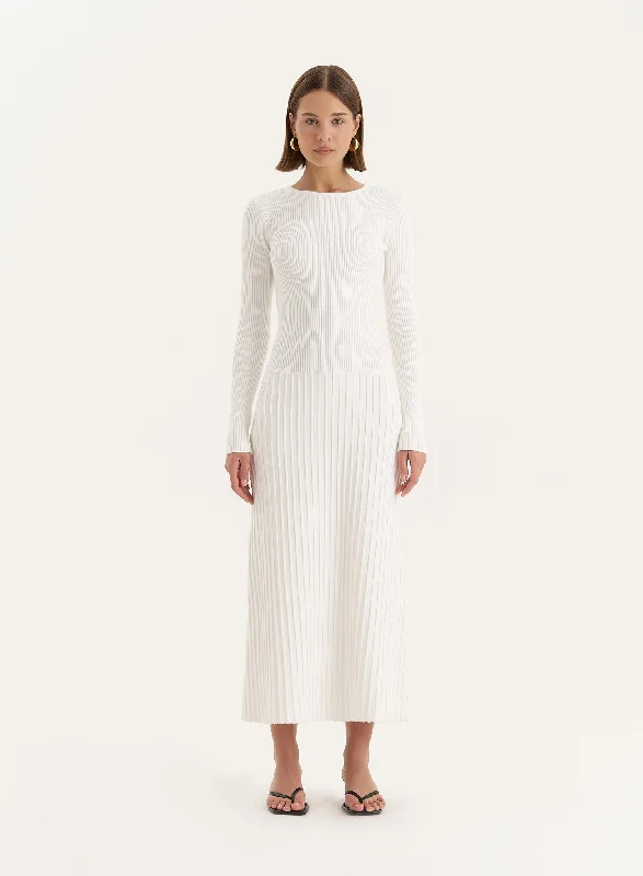 Limited Time White Rib Knit Tie Back Detail Maxi Dress- Adele