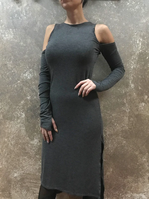 Grand Opening Sale Bianca Rachele Midi Cold Shoulder Slit Midi Dress in Grey