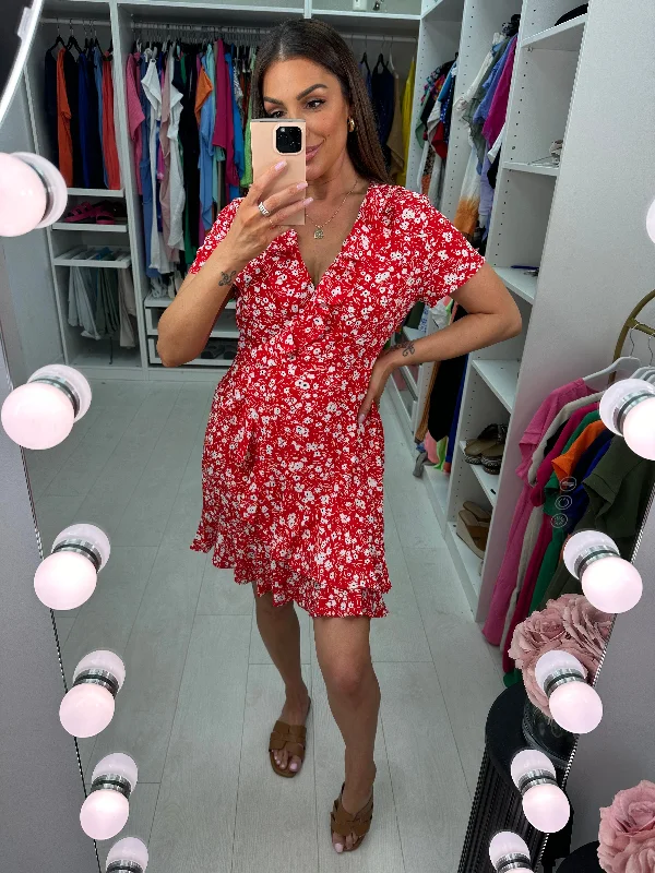 Price Drop Alert Emry Red Floral Print Ruffle Dress