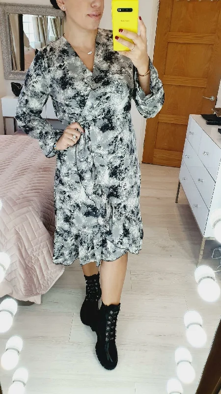 Massive Deals Letty Grey Printed Ruffle Wrap Dress
