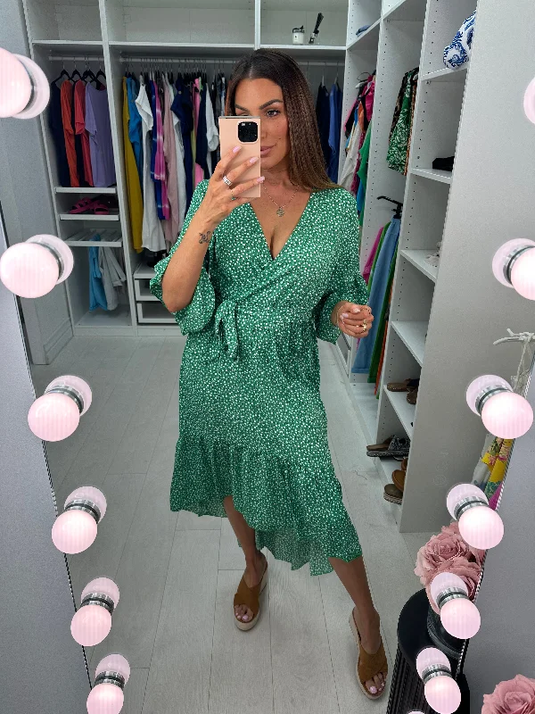 Exclusive Offers Jia Emerald Ditsy Print Ruffle Dip Hem Dress